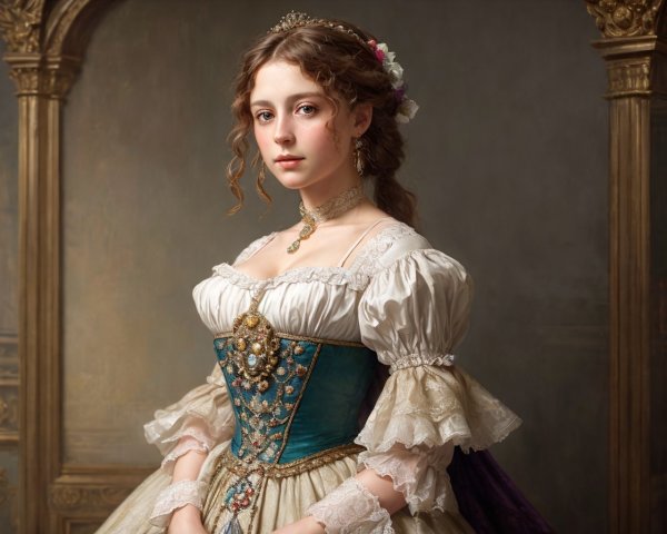 Historical woman in jeweled corset and flowers, pensive pose.