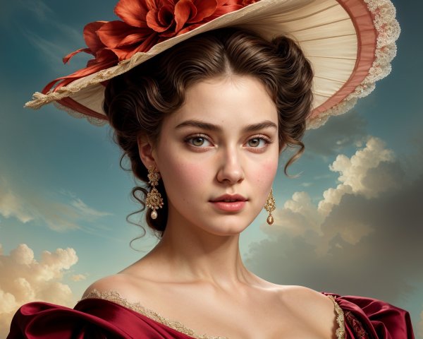 Young woman in vintage red gown against dramatic sky