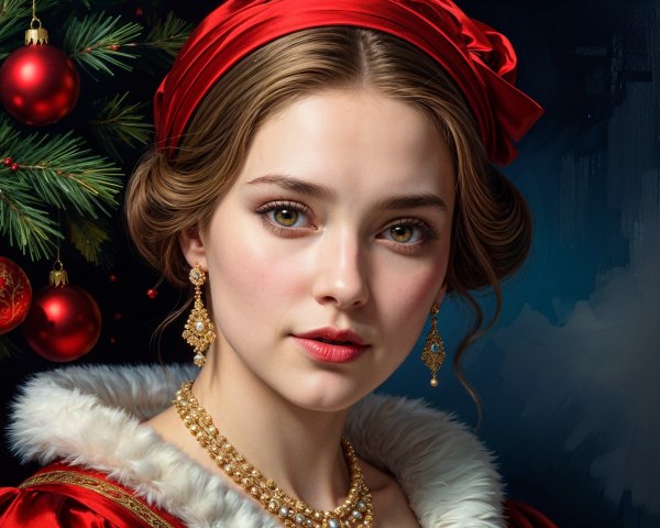 Young woman in red gown with festive holiday decor