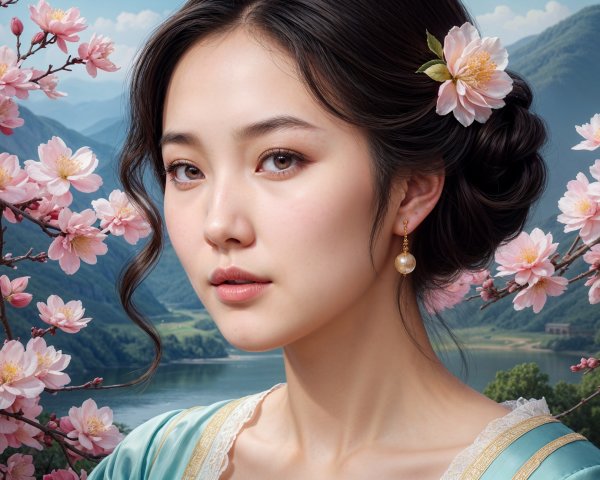Elegant Woman with Cherry Blossoms and Mountains