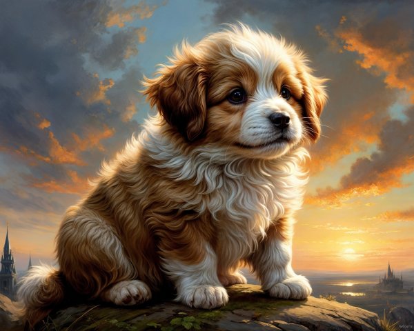 Fluffy Golden-Brown Puppy on Rock at Sunset