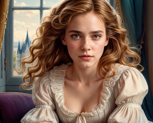 Young Woman in Vintage Blouse with Castle View