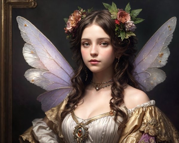 Portrait of woman with fairy wings, floral crown, vintage dress, and ornate jewelry.