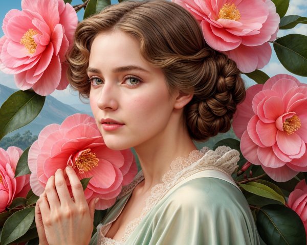 Young Woman Posing Among Pink Camellia Blossoms