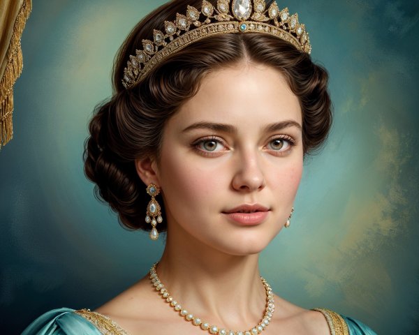 Young Woman in Turquoise Gown with Tiara and Pearls