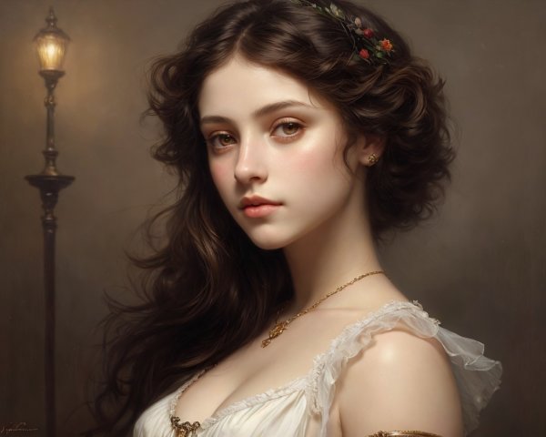 Portrait of a Young Woman by a Street Lamp