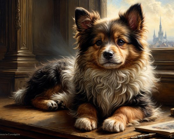 Tri-colored dog on wooden table in historic setting