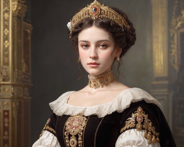 Elegant young woman in dark gown with gold detailing