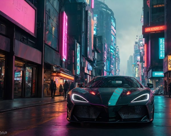 Black sports car with cyan stripe on wet street at dusk surrounded by neon billboards and pedestrians