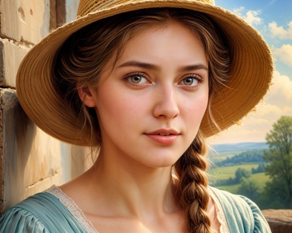 Young Woman in Vintage Dress Against Serene Landscape