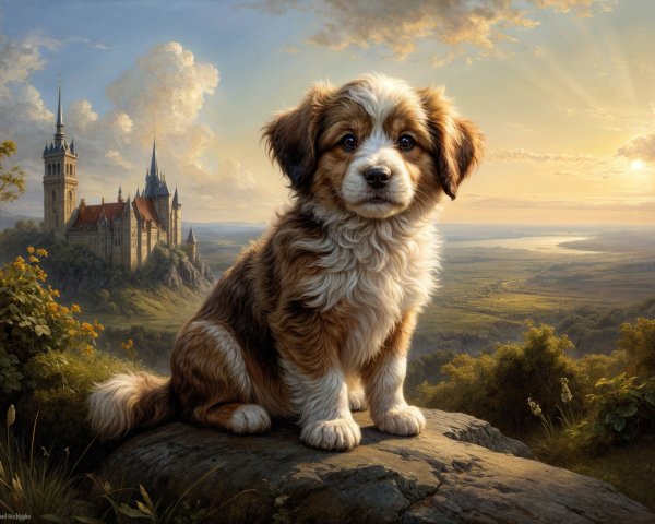 Fluffy Puppy on Rock with Castle and Lush Valley