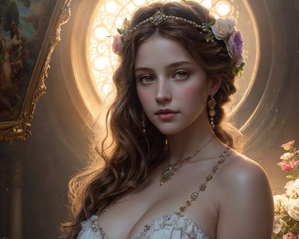 Young Woman in White Dress Surrounded by Flowers