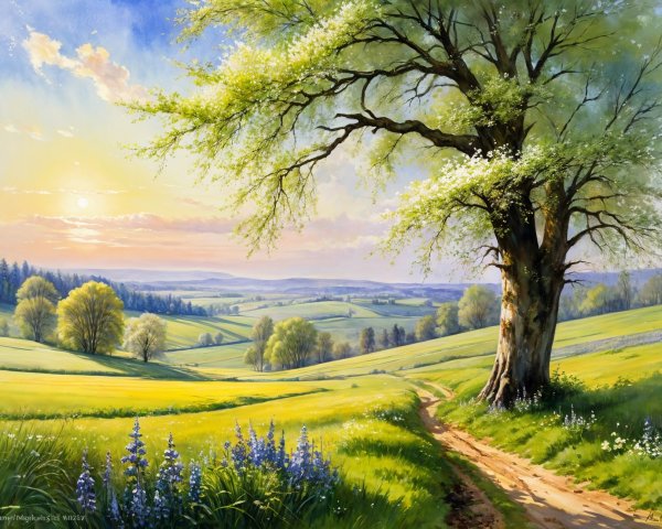 Serene landscape with sunset, tree, and blooming fields