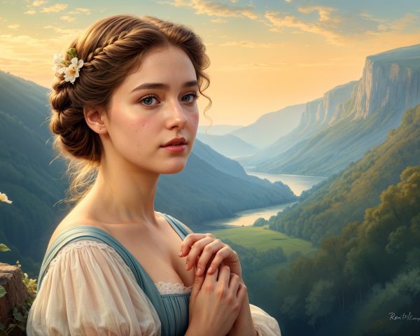 Serene young woman in a picturesque sunset landscape