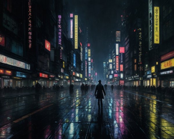 Urban night scene: lone figure on neon-lit street in rain