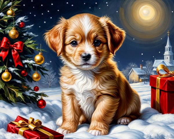 Fluffy Puppy in Festive Snowy Christmas Scene