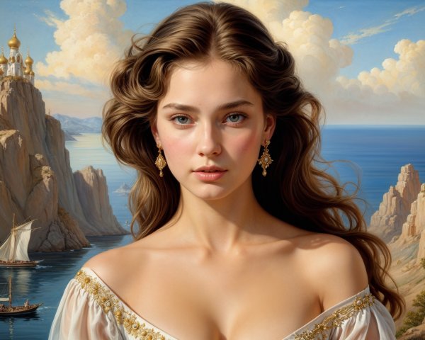 Young woman in elegant dress by cliffs and sea