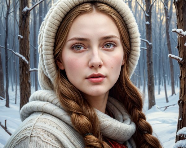 Young Woman in Snowy Forest with Braided Hair
