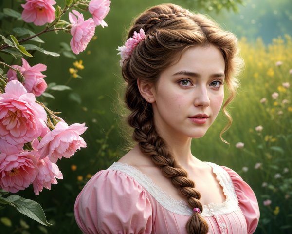 Young Woman in Vintage Dress Surrounded by Flowers