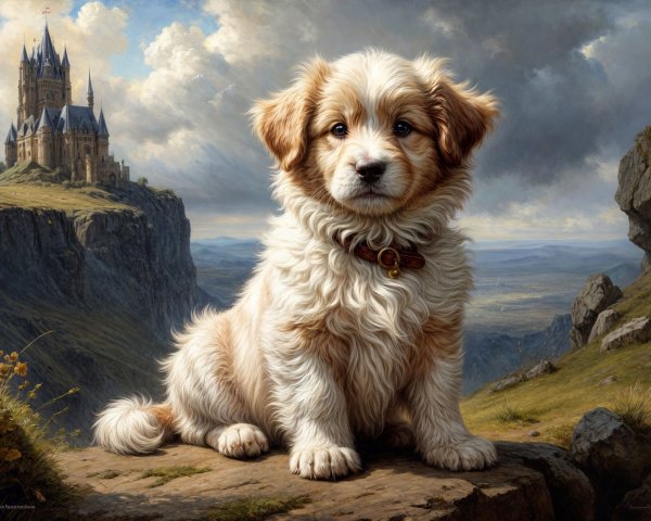 Fluffy Golden-Haired Puppy on Rocky Ledge with Castle