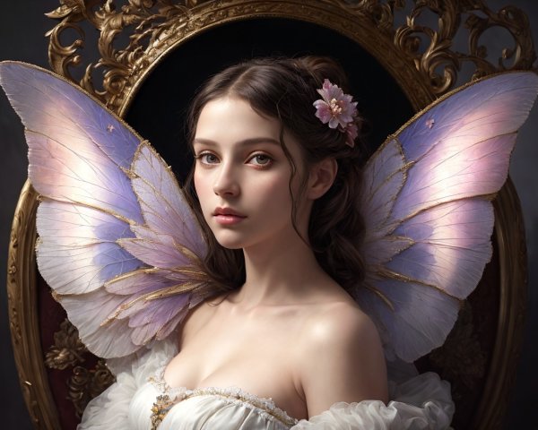 Woman with butterfly wings and floral hairpiece in off-shoulder gown against ornate frame.