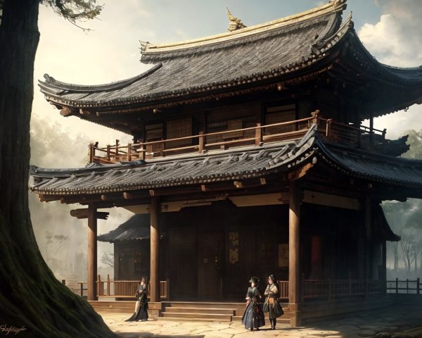 Traditional Japanese Temple in Forest with Historical Attire