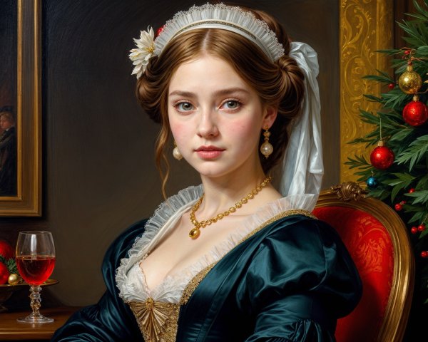 Elegant Young Woman in Green Gown at Festive Scene