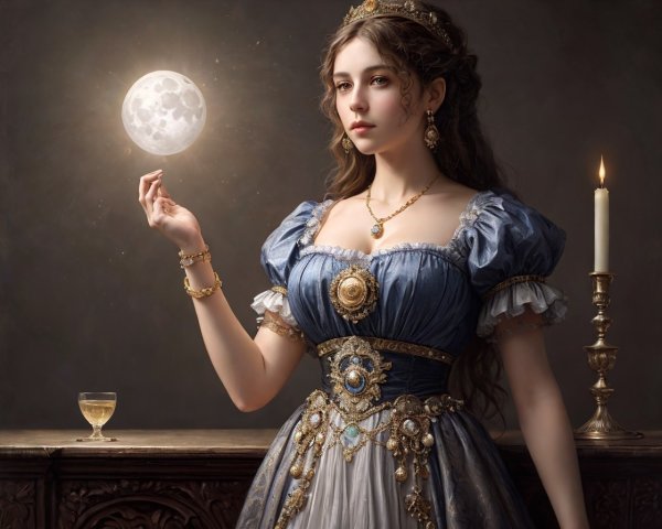 Regal woman in blue and gold dress holding moon above candle-lit table