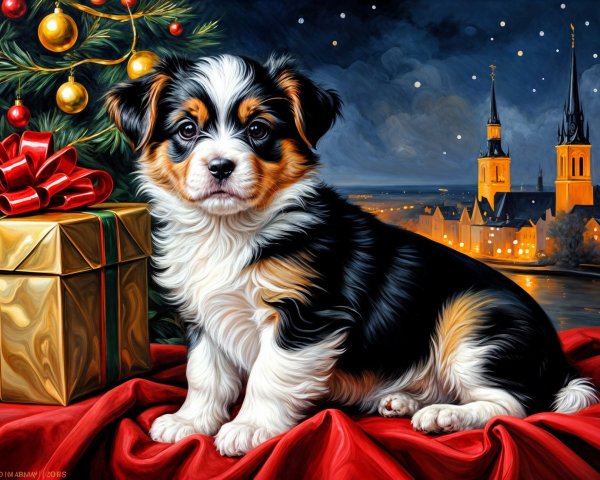 Puppy on Red Velvet with Holiday Decorations and Lights