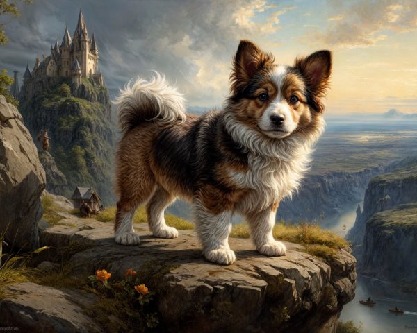 Tri-colored dog on rocky ledge with castle backdrop