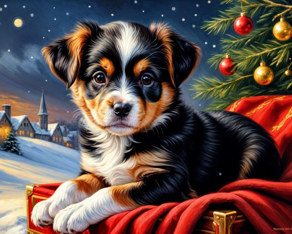 Puppy on Red Cushion in Festive Holiday Setting