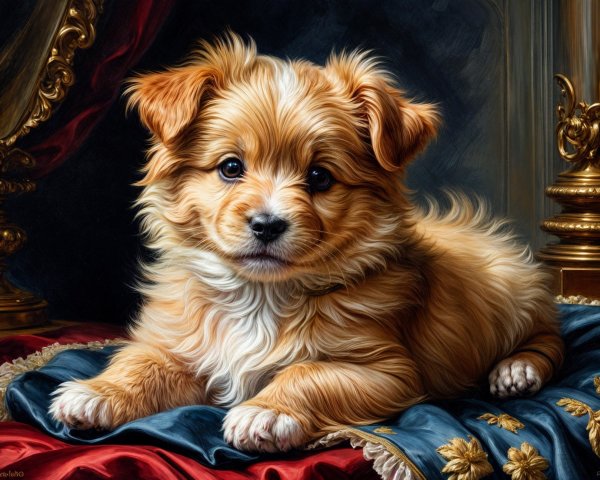 Charming Puppy on Elegant Blue and Gold Fabric