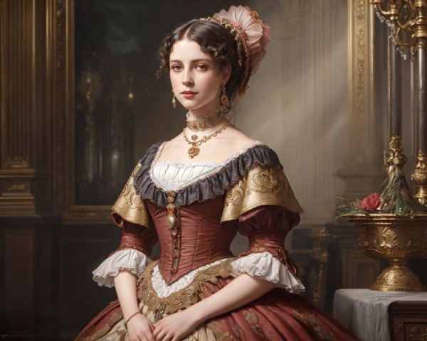 Elegant Young Woman in Luxurious Gown and Jewelry