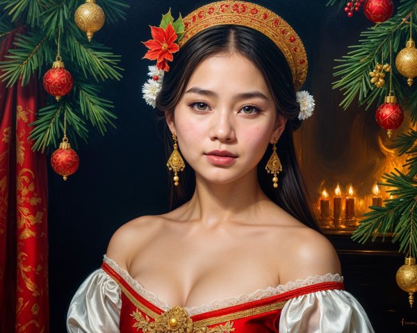 Elegant Young Woman in Historical Gown with Decorations