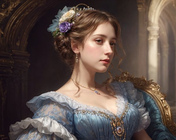 Young woman in blue period dress with flowers in hair, classical interior backdrop