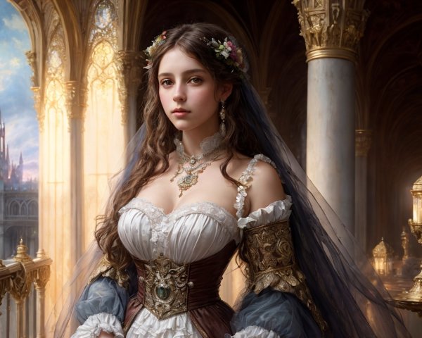 Elegant woman in historical dress in ornate hall