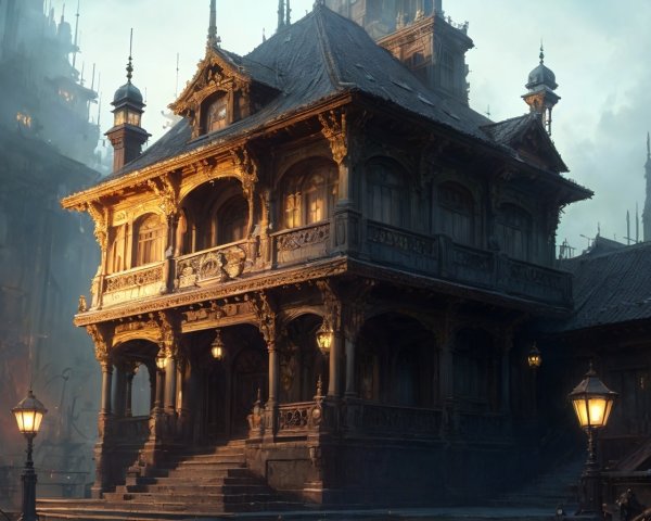 Intricately Designed Mansion with Lanterns and Mist