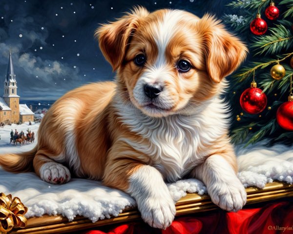 Fluffy Puppy in Festive Winter Scene with Ornaments