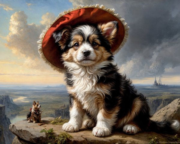Fluffy Dog in Red Hat Overlooking Scenic Landscape