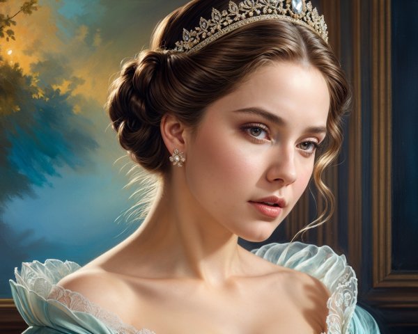 Young Woman in Light Blue Gown with Tiara and Soft Makeup