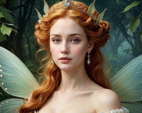 Fairy with Auburn Hair and Iridescent Wings in Forest