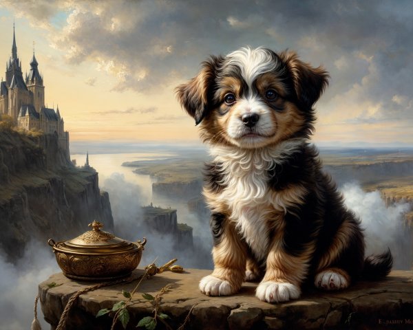 Fluffy Puppy on Rocky Ledge with Castle at Sunset