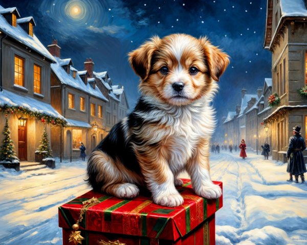 Fluffy Puppy on Gift in Snowy Village Scene