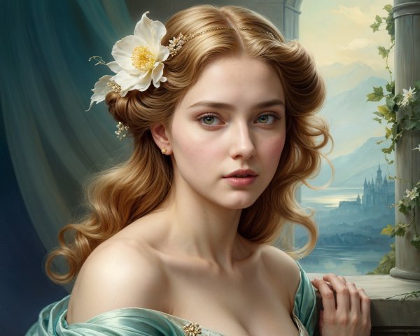 Young Woman in Turquoise Gown with Scenic Background