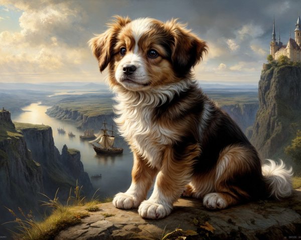 Puppy on Cliff Overlooking River Valley and Castle