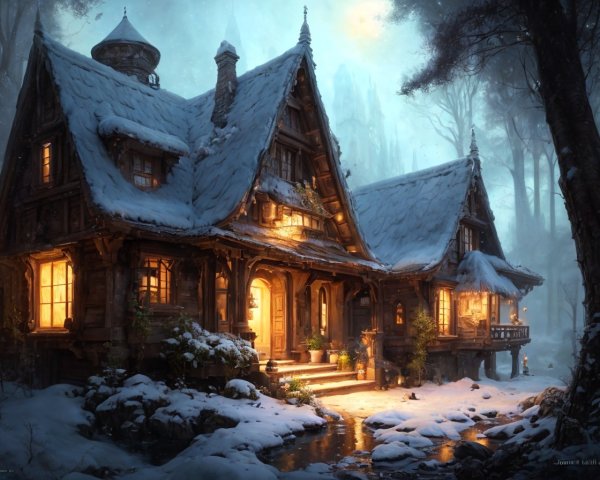 Snow-Covered Wooden Cabin in Twilight Forest