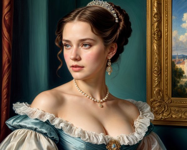 Young Woman in Elegant Light Blue Gown with Jewelry