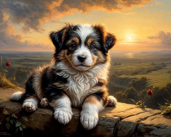 Fluffy Puppy with Sunset Over Green Hills and Flowers