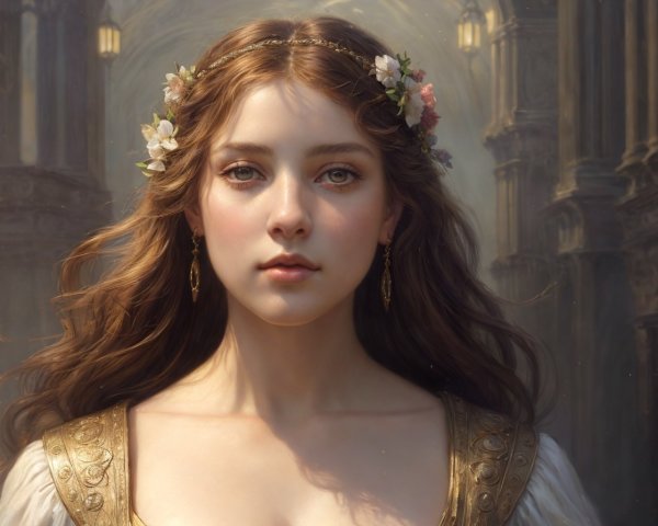 Young woman in floral dress with ornate background