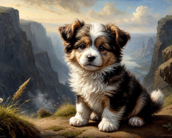 Fluffy Puppy on Grassy Ledge Overlooking Valley